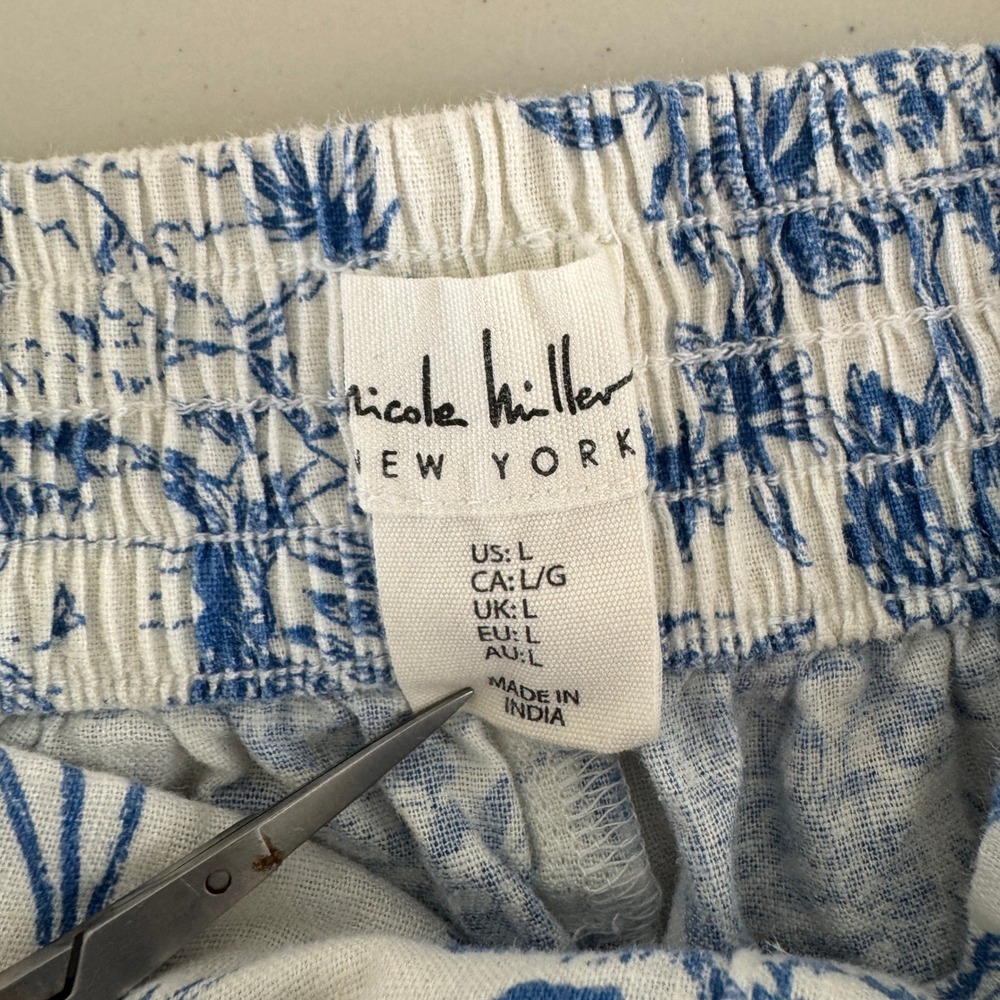 Nicole Miller Linen Blend Wide Leg Pants Women L Blue Toile Coastal Beach Preppy - Picture 9 of 15